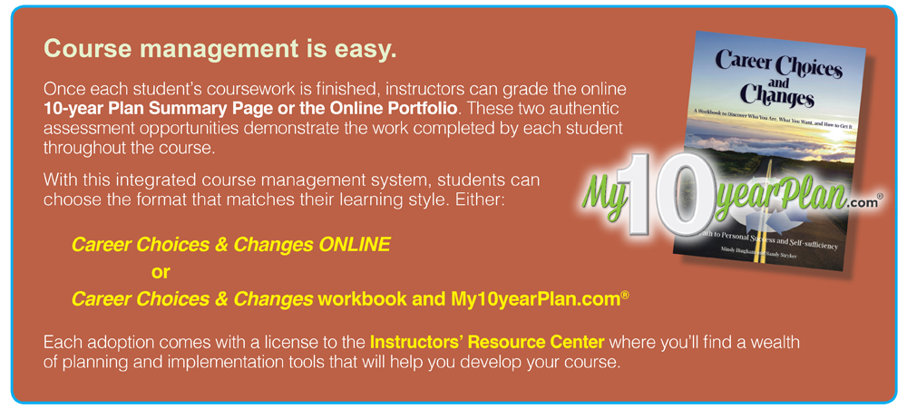 Course management is easy. Once each student’s coursework is finished, instructors can grade the online 10-year Plan Summary Page or the Online Portfolio. These two authentic assessment opportunities demonstrate the work completed by each student throughout the course. With this integrated course management system, students can choose the format that matches their learning style. Either: Career Choices & Changes ONLINE or Career Choices & Changes workbook and My10yearPlan.com® Each adoption comes with a license to the Instructors’ Resource Center where you’ll find a wealth of planning and implementation tools that will help you develop your course.
